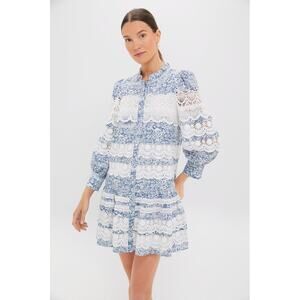 HYACINTH HOUSE Lace Trim Blue Etched Floral Emmie Mini Dress Size M NWT